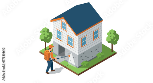 Isometric pressure washing of house exterior with worker and greenery