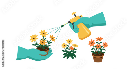 Hands caring for flowers with spray bottle in flat design