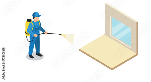 Isometric pest control worker spraying disinfectant near window