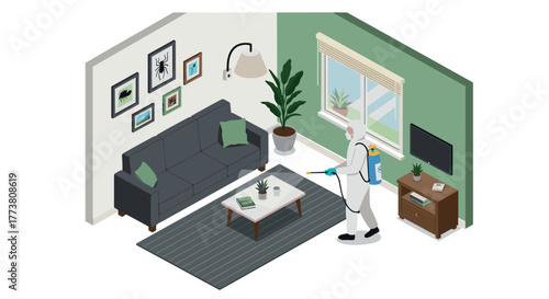 Pest control in modern living room interior with exterminator in protective suit