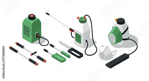Isometric garden tools and pesticide sprayers with protective mask for safe gardening