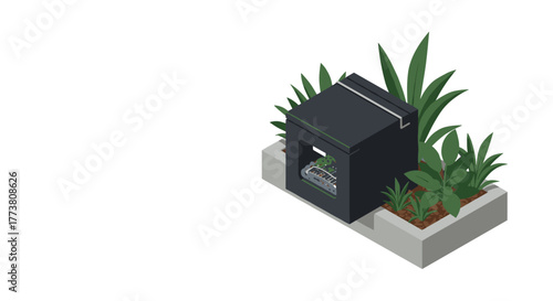 Modern isometric mailbox in garden with lush green plants