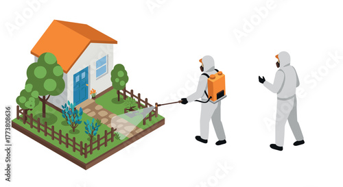 Isometric pest control scene with disinfection workers in protective gear