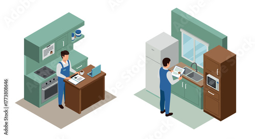 Isometric home kitchen workspace with appliances and professional attire