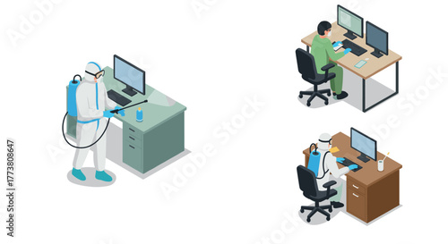 Isometric office hygiene cleaning professional disinfecting workstations with employees at desks