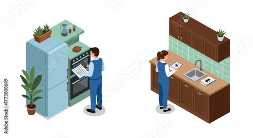 Isometric kitchen scenes with people cooking and baking using tablets