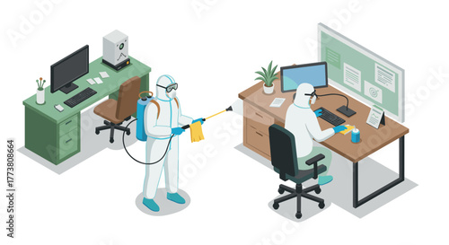 Office sanitation procedure in isometric design with protective gear and cleaning tools