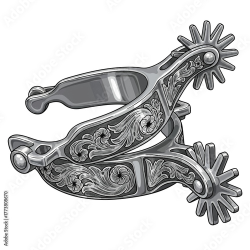 a gleaming set of cowboy spurs adorned with floral engravings, reflecting light beautifully