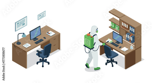 Office workspace and sanitization professional in isometric style
