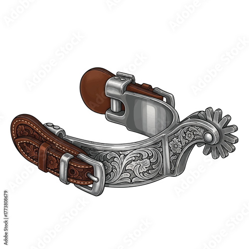 polished western spurs featuring ornate floral patterns and metallic shine
