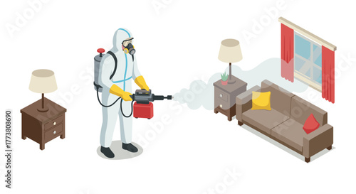 Isometric disinfection in living room with protective suit and equipment