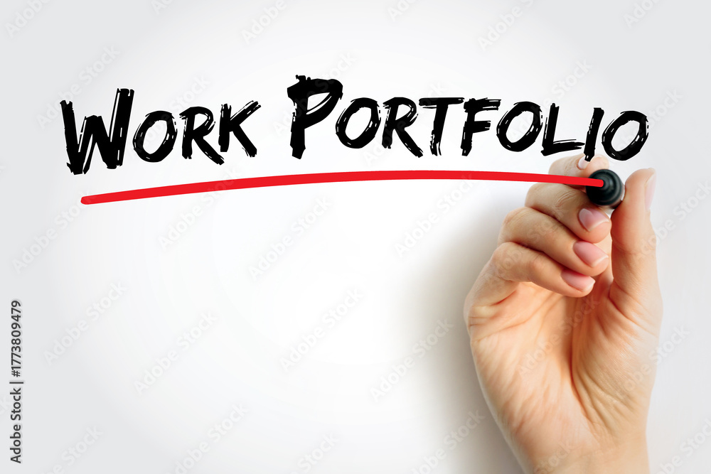 Fototapeta premium Work Portfolio handwritten in bold marker with red underline on white background. Concept of creative profile, job presentation, professional documentation, and skills showcase