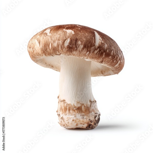 A close-up of a single mushroom, presented with a classic and clear style