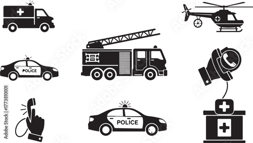 Emergency service vehicle icons: ambulance, police car, fire truck, helicopter
