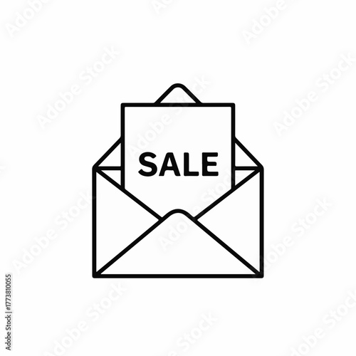 Sale advertisement concept with envelope and card, sale message delivered through direct mail. Sale notification with open envelope, showing promotional announcement.