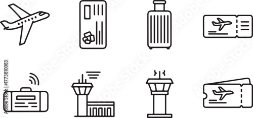 Collection of simple line art icons representing air travel and airport elements