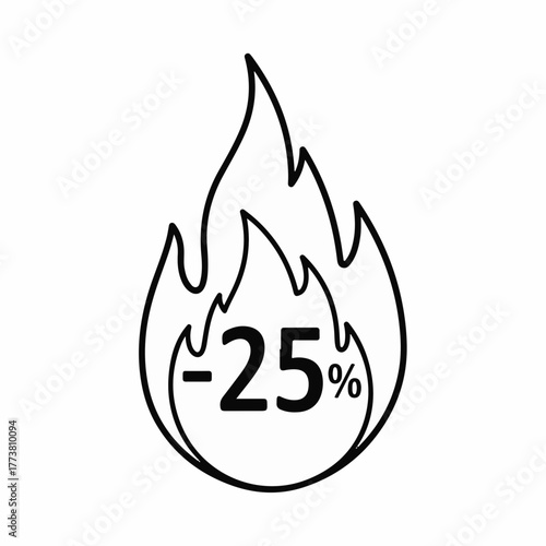 Sale icon of twenty-five percent discount displayed as burning flame. Sale icon presented as burning flame, outlines a potent visual for sales promotions. Leverage sale icon to communicate savings,