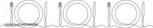 Continuous one line drawing of minimalist table setting with plate, fork, and knife. Simple outline design for restaurant or dining concept.