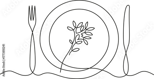 Continuous one line drawing of table setting with botanical elements inside the plate. Minimalist dining illustration with herbs and leaves