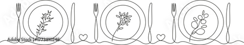 Minimalist one line art of table setting with plate, fork, knife, small heart, and botanical decoration. Elegant continuous line illustration for eco or wedding design.