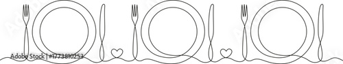 One line art of table setting with plate, fork, and knife connected by a small heart symbol. Romantic minimalist dining concept illustration