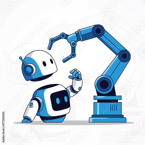 Flat illustration of robot with robotic arm working in factory
