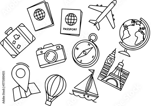 Travel and Tourism Icons Set - Outline vector illustrations of essential journey elements like passport, suitcase, camera, airplane, globe, compass, map, landmarks, and modes of transport.