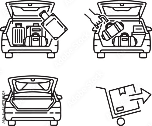 Loading luggage into car trunk and delivery cart icons