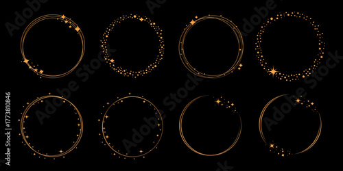 Collection of elegant golden circle frames decorated with stars, sparkles, and stardust. Set of eight celestial round borders isolated on a black background.