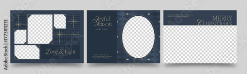 Christmas Photo Card and Postcard Templates with Elegant Frames, Gift Box Accents, and Geometric Patterns – Editable Vector Set