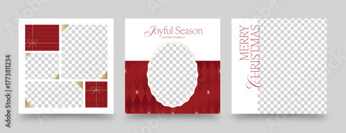 Christmas Photo Card and Post Templates with Elegant Frames, Gift Box Accents, and Geometric Patterns – Editable Vector Set