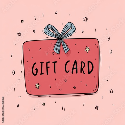 A gift card with a blue ribbon on a light pink background