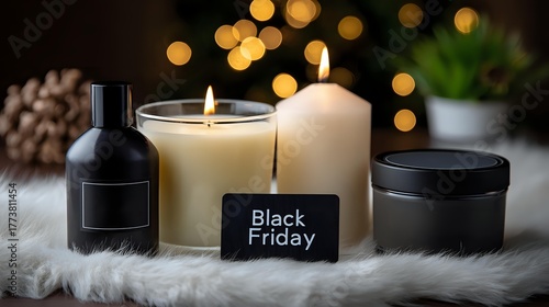 Elegant home spa setup with burning candles, black cosmetic bottles, and Black Friday tag on cozy fur, perfect for holiday shopping promotions.