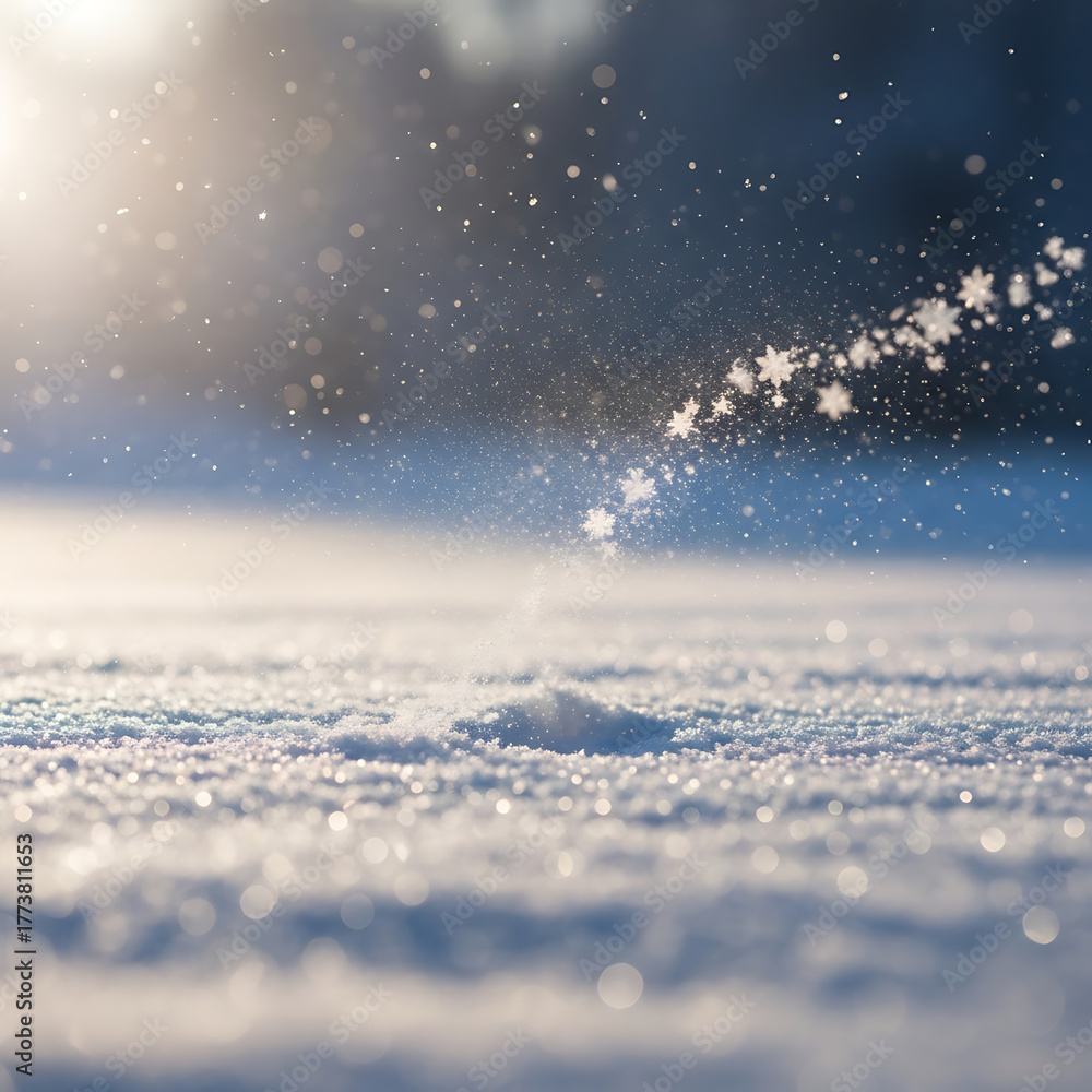 Naklejka premium Gentle snowfall in a sunlit winter landscape with soft focus