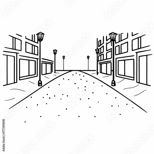 A deserted street with buildings and lamp posts