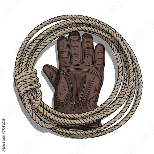 a stylized vector of a coiled rope and old glove, balanced and nostalgic western feel
