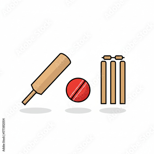 Cricket Essentials Bat, Ball, and Wicket Icon Illustration