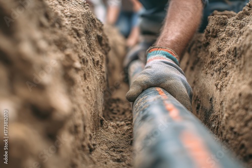 A gloved hand lays black pipe in a narrow dirt trench, close up. Use for construction, infrastructure, or utility work concepts.