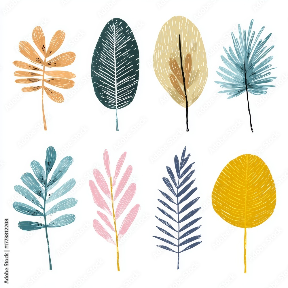 Fototapeta premium A collection of vibrant, illustrated leaves of various shapes and colors