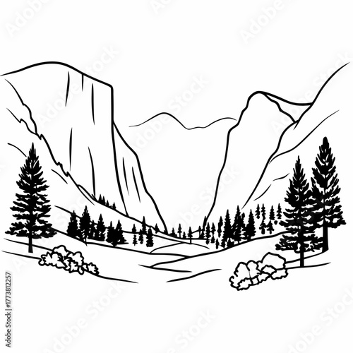 Scenic valley landscape with towering cliffs and lush trees