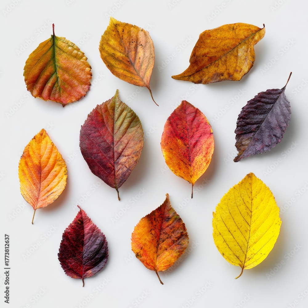 Obraz premium Colorful autumn leaves arranged beautifully. The leaves display a variety of warm tones