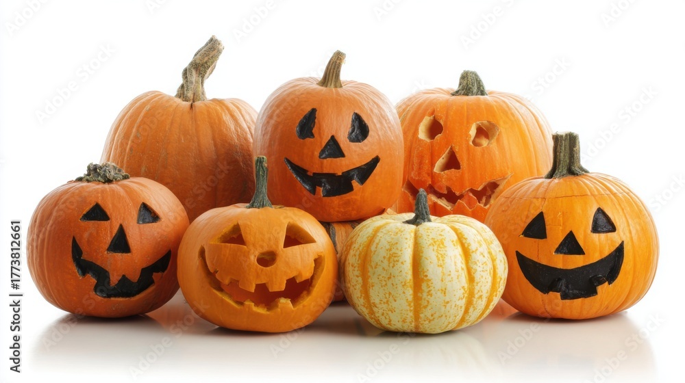 Fototapeta premium happy spooky carved pumpkins and gourds