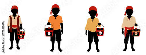Four playful pirate silhouettes carry treasure chests with skull emblems, ready for adventure and trick or treating fun