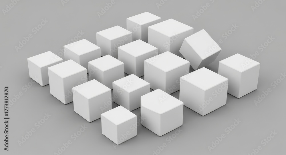 Fototapeta premium 3D Render of Various Sizes of White Cubes on a Light Gray Background for Abstract Concept