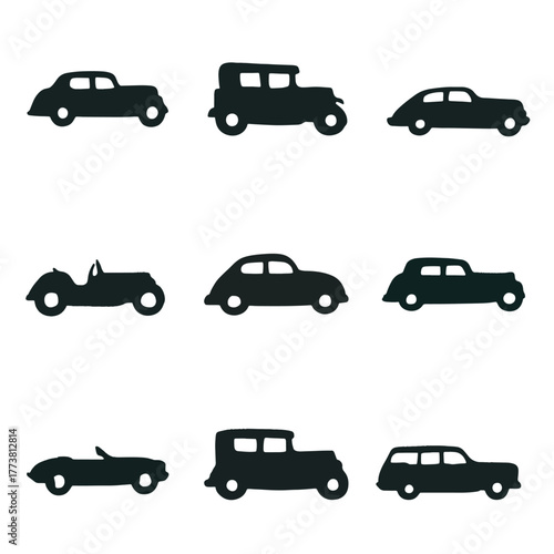 Black Silhouette Vintage Car Collection Design Illustration Isolated on White