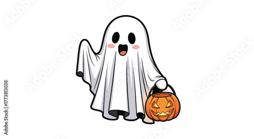 Adorable cartoon ghost gleefully holding a pumpkin candy bucket, perfect for festive Halloween celebrations and spooky seasonal designs