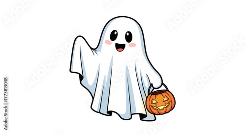 Adorable cartoon ghost happily carrying a glowing jack-o'-lantern candy bucket, perfect for festive Halloween celebrations and spooky fun