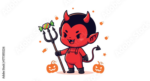 Charming little devil character holding a trident with candy and surrounded by pumpkins, perfect for festive Halloween designs and spooky celebrations.