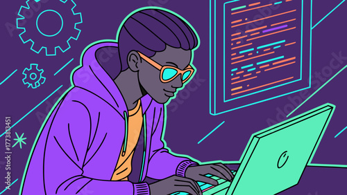 Coder Typing with Colorful Code Reflections — Digital Lifestyle Vector Illustration