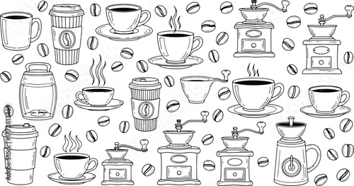 Coffee illustration pattern with cups grinders and coffee beans isolated